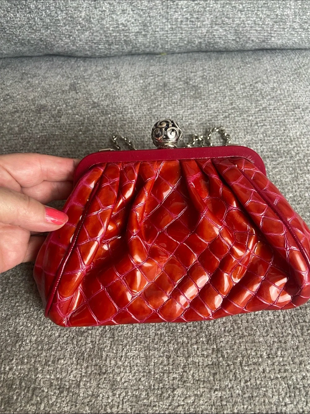 Brighton Red Quilted Patent Clutch with Chain Strap
